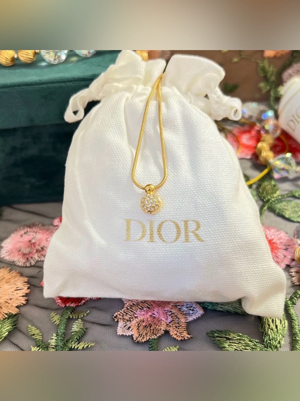 AUTH Christian Dior Necklace GP Stamped Paved Diamanté Embedded,